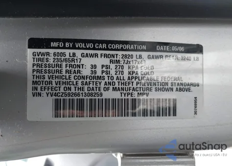 2006 Volvo Xc90 2.5T from USA, damaged, VIN YV4CZ592661308259